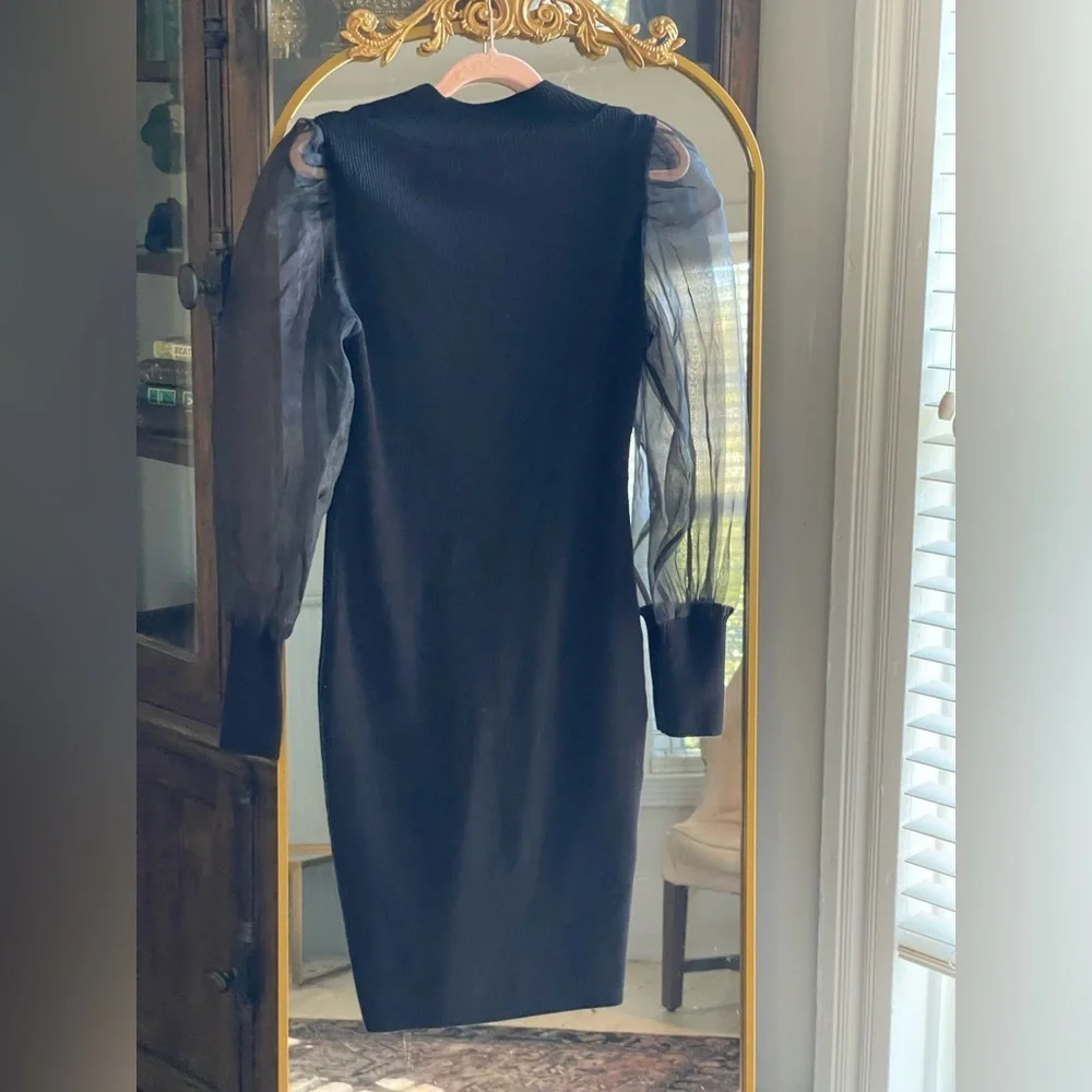 FRENCH CONNECTION Krista Organza Contrast Sheer Long Sleeve Black Sweater Dress